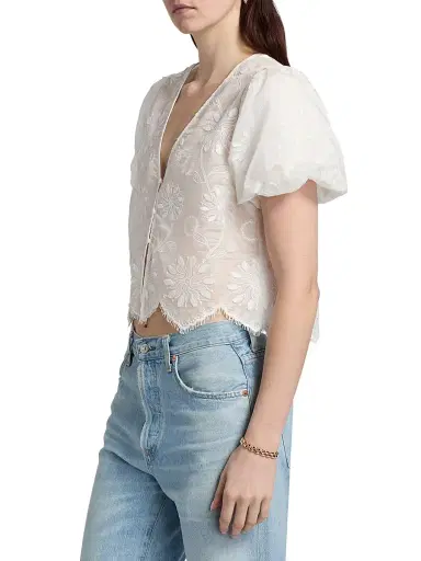 Ramy Brook Women's Chrissie Floral Embroidered Organza Crop Top - Ivory Organza - Size XL | Thumbnail 4