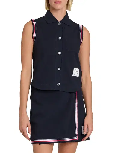 Thom Browne Women's Striped Trim Cotton Sleeveless Shirt | Thumbnail 3 Thom Browne Women's Striped Trim Cotton Sleeveless Shirt | Thumbnail 3