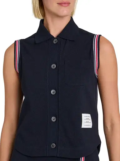 Thom Browne Women's Striped Trim Cotton Sleeveless Shirt | Thumbnail 6 Thom Browne Women's Striped Trim Cotton Sleeveless Shirt | Thumbnail 6