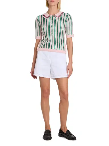 Thom Browne Women's Crochet Variegated Striped Cotton Polo Top - Lightpink - Size 2 | Thumbnail 2 Thom Browne Women's Crochet Variegated Striped Cotton Polo Top - Lightpink - Size 2 | Thumbnail 2
