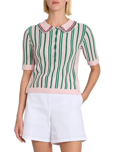 Thom Browne Women's Crochet Variegated Striped Cotton Polo Top - Lightpink - Size 2 | Thumbnail 3 Thom Browne Women's Crochet Variegated Striped Cotton Polo Top - Lightpink - Size 2 | Thumbnail 3