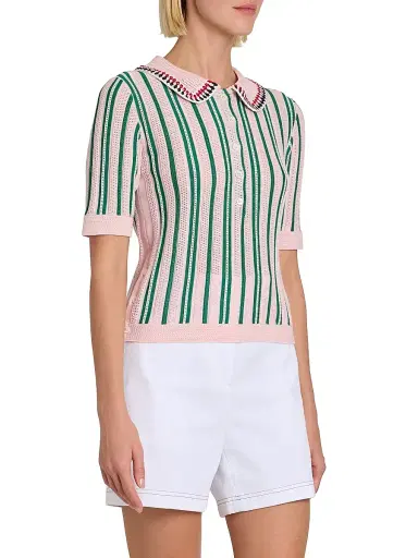 Thom Browne Women's Crochet Variegated Striped Cotton Polo Top - Lightpink - Size 2 | Thumbnail 4 Thom Browne Women's Crochet Variegated Striped Cotton Polo Top - Lightpink - Size 2 | Thumbnail 4