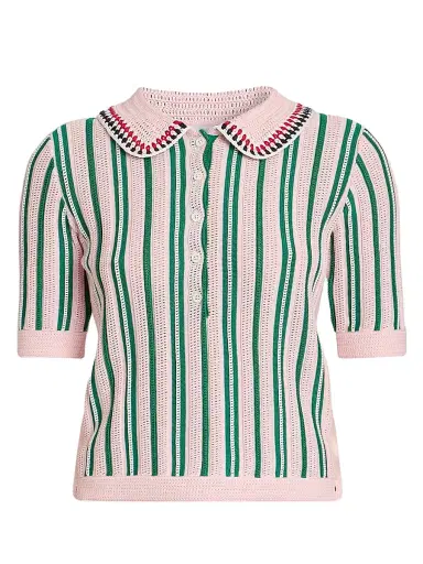 Thom Browne Women's Crochet Variegated Striped Cotton Polo Top - Lightpink - Size 2 | Thumbnail 1 Thom Browne Women's Crochet Variegated Striped Cotton Polo Top - Lightpink - Size 2 | Thumbnail 1