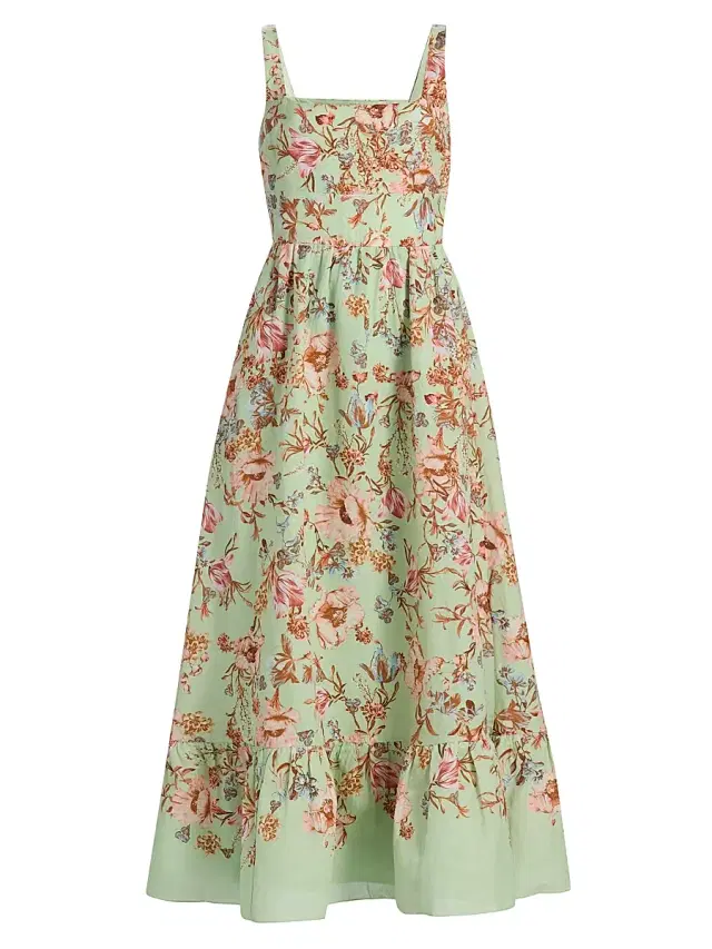 Women's Floral Corset Linen-Cotton Maxi Dress - Green