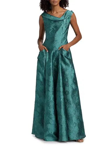 Talbot Runhof Women's Floral Jacquard A-Line Gown - Bay - Size 14 | Thumbnail 2