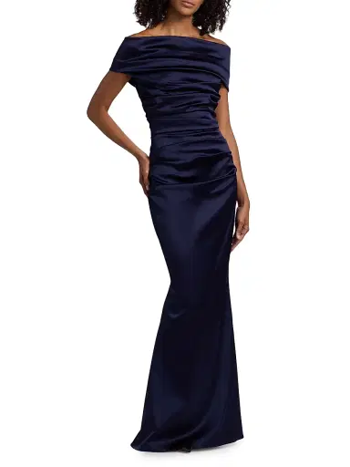 Talbot Runhof Women's Satin Off-the-Shoulder Sheath Gown - Royal Navy - Size 16 | Thumbnail 2 Talbot Runhof Women's Satin Off-the-Shoulder Sheath Gown - Royal Navy - Size 16 | Thumbnail 2