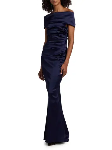 Talbot Runhof Women's Satin Off-the-Shoulder Sheath Gown - Royal Navy - Size 16 | Thumbnail 4 Talbot Runhof Women's Satin Off-the-Shoulder Sheath Gown - Royal Navy - Size 16 | Thumbnail 4