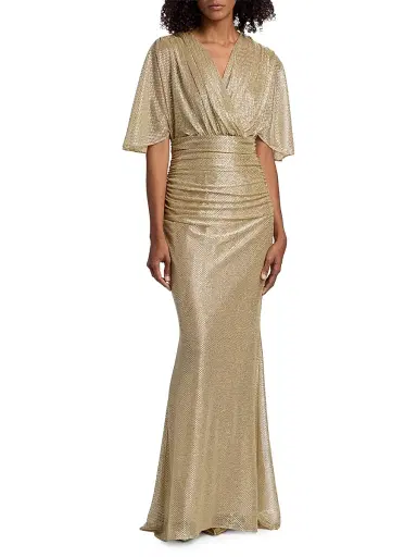 Talbot Runhof Women's Metallic Voile Capelet Mermaid Gown - Gold - Size 16 | Thumbnail 3