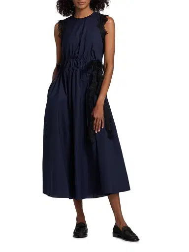 Kika Vargas Women's Hanna Lace-Trim Cotton A-Line Midi-Dress - Navy - Size 12 | Thumbnail 2