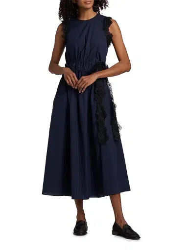Kika Vargas Women's Hanna Lace-Trim Cotton A-Line Midi-Dress - Navy - Size 12 | Thumbnail 3