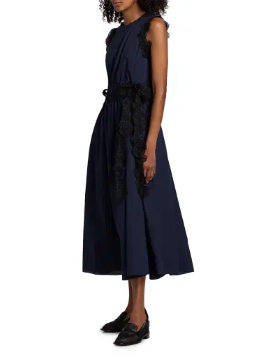 Kika Vargas Women's Hanna Lace-Trim Cotton A-Line Midi-Dress - Navy - Size 12 | Thumbnail 4