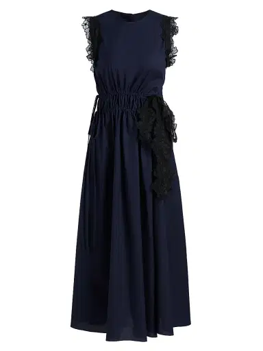 Kika Vargas Women's Hanna Lace-Trim Cotton A-Line Midi-Dress - Navy - Size 12 | Thumbnail 1