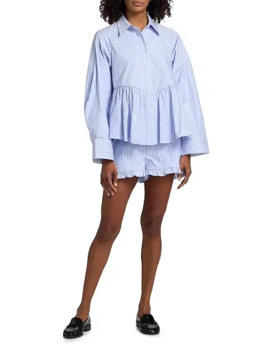 Kika Vargas Women's Ambika Striped Cotton-Blend Peplum Shirt - Blue | Thumbnail 2