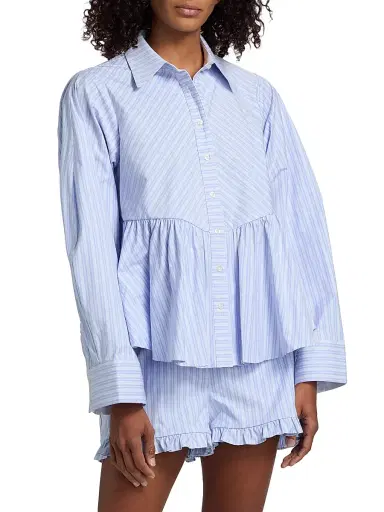 Kika Vargas Women's Ambika Striped Cotton-Blend Peplum Shirt - Blue | Thumbnail 3