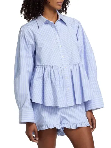 Kika Vargas Women's Ambika Striped Cotton-Blend Peplum Shirt - Blue | Thumbnail 4