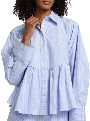 Kika Vargas Women's Ambika Striped Cotton-Blend Peplum Shirt - Blue | Thumbnail 6