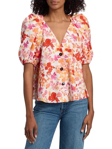 Kika Vargas Women's Harpa Floral Cotton Top - Coral | Thumbnail 3