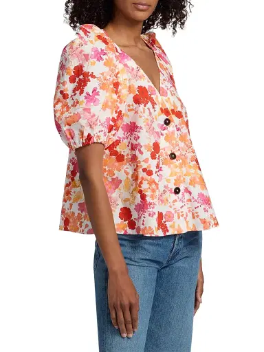 Kika Vargas Women's Harpa Floral Cotton Top - Coral | Thumbnail 4