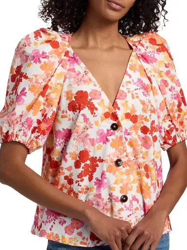 Kika Vargas Women's Harpa Floral Cotton Top - Coral | Thumbnail 6