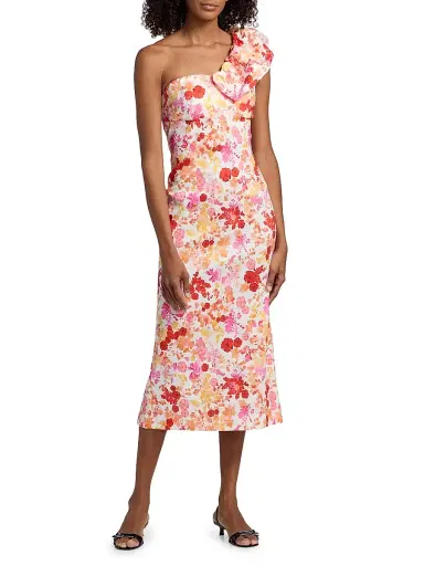 Kika Vargas Women's Lucy Poppy One-Shoulder Midi-Dress - Coral - Size 12 | Thumbnail 3