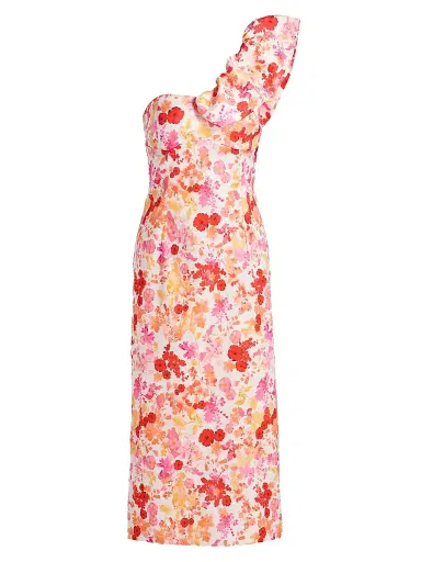 Kika Vargas Women's Lucy Poppy One-Shoulder Midi-Dress - Coral - Size 12 | Thumbnail 1