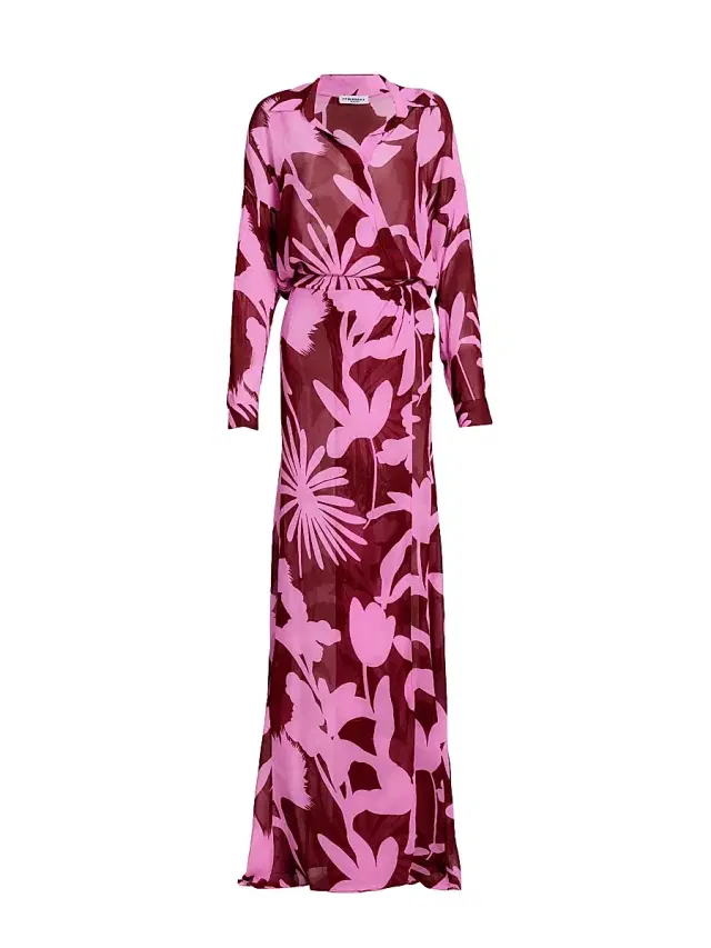 EYWASOULS MALIBU Women's Lou Floral Maxi Shirtdress - Red Wine Pink Delight - Size Small