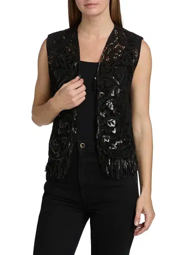 Kobi Halperin Women's Maeve Sequined Lace Fringe Vest - Black | Thumbnail 3