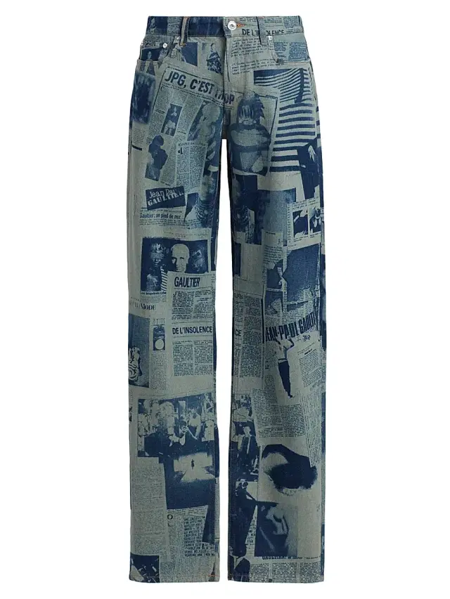 Women's Newspaper Print Straight-Leg Jeans - Indigo Beige