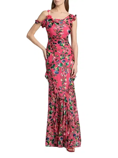 Saloni Women's Seema Floral Asymmetric Ruffle Gown - Saffier Raspberry - Size 4 | Thumbnail 2