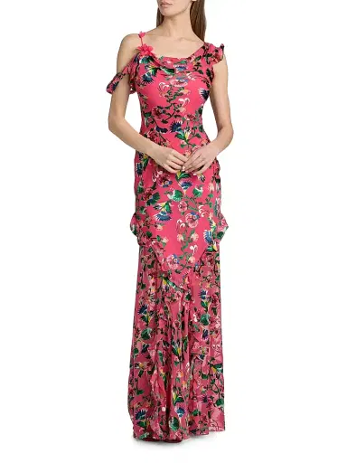 Saloni Women's Seema Floral Asymmetric Ruffle Gown - Saffier Raspberry - Size 4 | Thumbnail 3