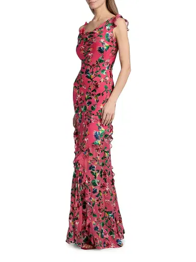 Saloni Women's Seema Floral Asymmetric Ruffle Gown - Saffier Raspberry - Size 4 | Thumbnail 4