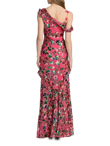 Saloni Women's Seema Floral Asymmetric Ruffle Gown - Saffier Raspberry - Size 4 | Thumbnail 5