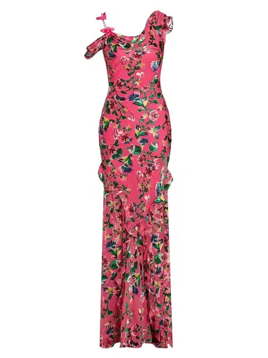 Saloni Women's Seema Floral Asymmetric Ruffle Gown - Saffier Raspberry - Size 4 | Thumbnail 1