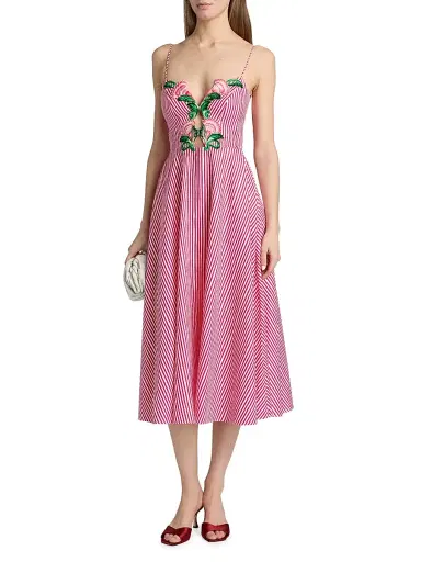 Saloni Women's Jana Embroidered Floral Striped Midi-Dress | Thumbnail 3