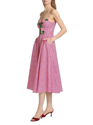 Saloni Women's Jana Embroidered Floral Striped Midi-Dress | Thumbnail 4