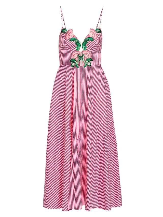 Saloni Women's Jana Embroidered Floral Striped Midi-Dress - Cerise Mini Stripe