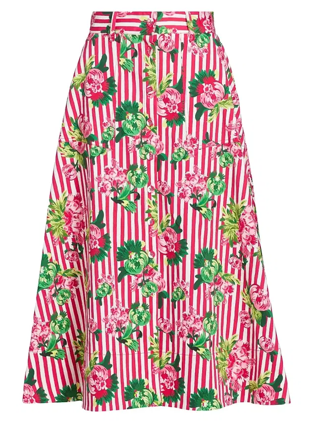 Saloni Women's Kali Striped Floral Button-Front Midi-Skirt - Pivoines Stripe