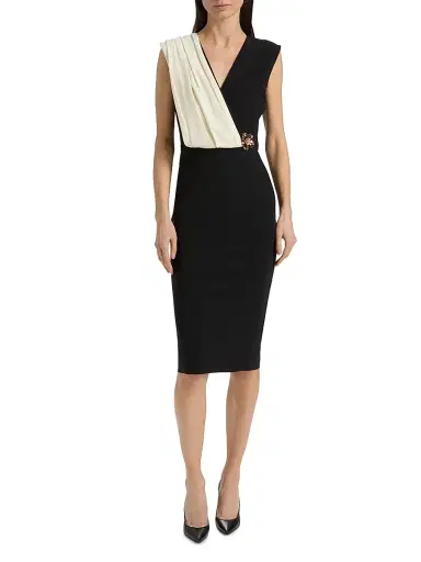 Chiara Boni La Petite Robe Women's Kalil Flower Brooch Two-Tone Belted Cocktail Dress - Black Cream - Size 2 | Thumbnail 3