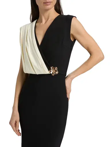 Chiara Boni La Petite Robe Women's Kalil Flower Brooch Two-Tone Belted Cocktail Dress - Black Cream - Size 2 | Thumbnail 6