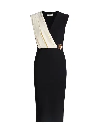 Chiara Boni La Petite Robe Women's Kalil Flower Brooch Two-Tone Belted Cocktail Dress - Black Cream - Size 2 | Thumbnail 1
