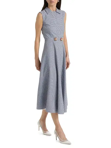 Chiara Boni La Petite Robe Women's Koha Flower Brooch Checkered Belted Midi-Shirtdress - Blu Notte Gingham - Size 8 | Thumbnail 2