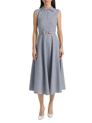 Chiara Boni La Petite Robe Women's Koha Flower Brooch Checkered Belted Midi-Shirtdress - Blu Notte Gingham - Size 8 | Thumbnail 3