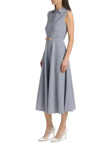 Chiara Boni La Petite Robe Women's Koha Flower Brooch Checkered Belted Midi-Shirtdress - Blu Notte Gingham - Size 8 | Thumbnail 4