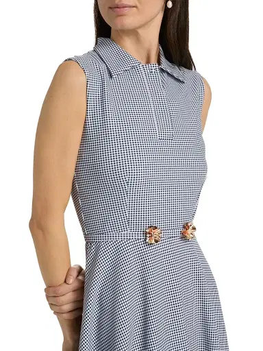 Chiara Boni La Petite Robe Women's Koha Flower Brooch Checkered Belted Midi-Shirtdress - Blu Notte Gingham - Size 8 | Thumbnail 6