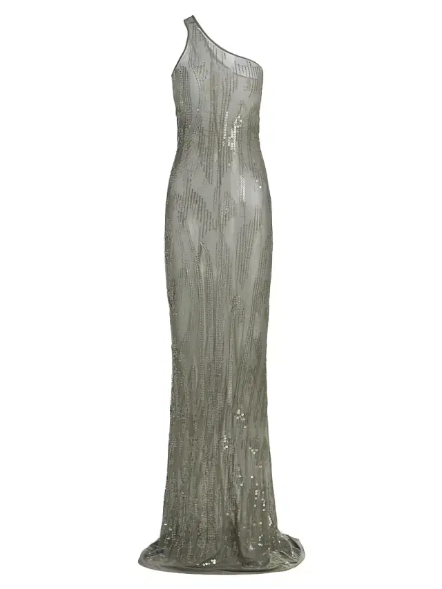 Women's Sheer Sequined One-Shoulder Gown - Jade Transparent