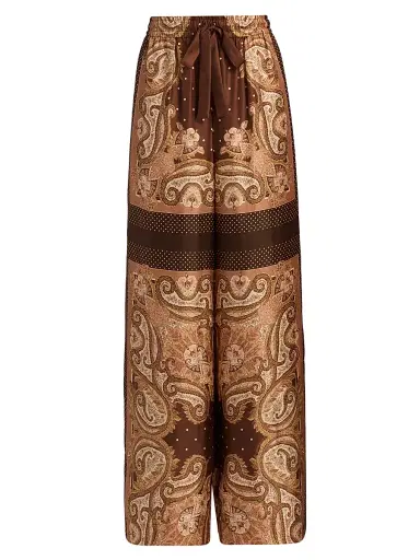 Zimmermann Women's Luna Printed Silk Track Pants - Caramel Paisley | Thumbnail 1 Zimmermann Women's Luna Printed Silk Track Pants - Caramel Paisley | Thumbnail 1