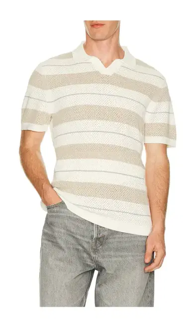 REIGNING CHAMP Cotton Linen Stripe Victor Polo | Thumbnail 1 REIGNING CHAMP Cotton Linen Stripe Victor Polo | Thumbnail 1