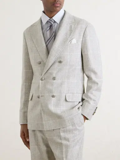 Brunello Cucinelli Double-Breasted Checked Linen-Blend Suit Jacket - Men | Thumbnail 3
