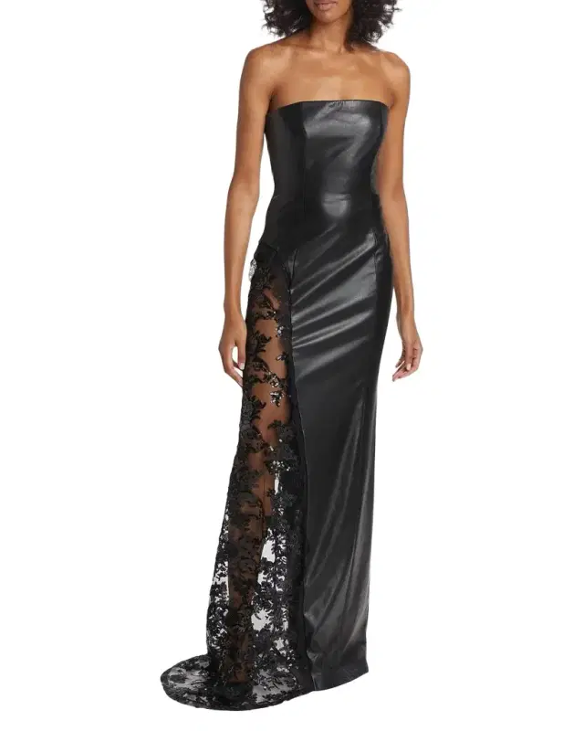 ALICE + OLIVIA Retha Strapless Vegan Leather Lace Maxi Dress