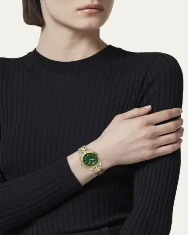 Versace 30mm Greca Time Watch with Bracelet Strap, Two Tone/Green | Thumbnail 2